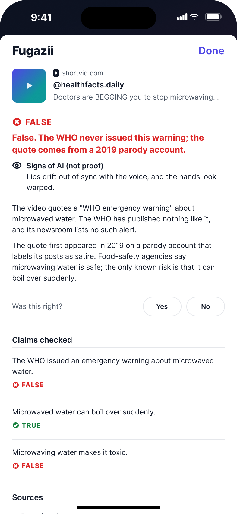 Fugazii result FALSE for a video by @healthfacts.daily. Headline: False. The WHO never issued this warning; the quote comes from a 2019 parody account. Claims checked: the WHO issued an emergency warning, false; microwaved water can boil over suddenly, true; microwaving water makes it toxic, false.