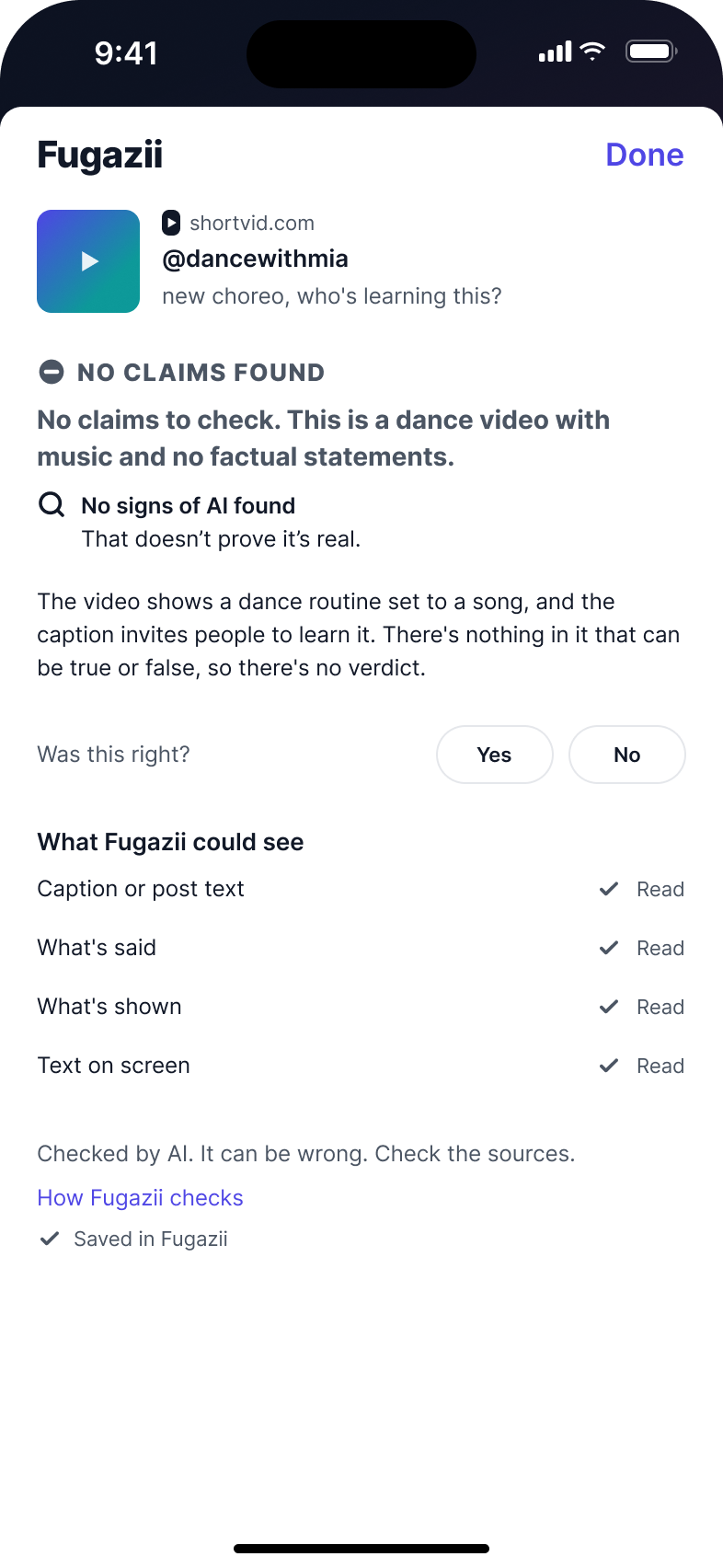 Fugazii result NO CLAIMS FOUND for a dance video by @dancewithmia. Headline: No claims to check. This is a dance video with music and no factual statements.